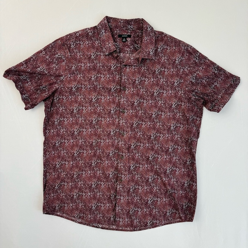 Maroon Micro Floral Print Alfani XL SS Button Shirt Short Sleeve Extra Large